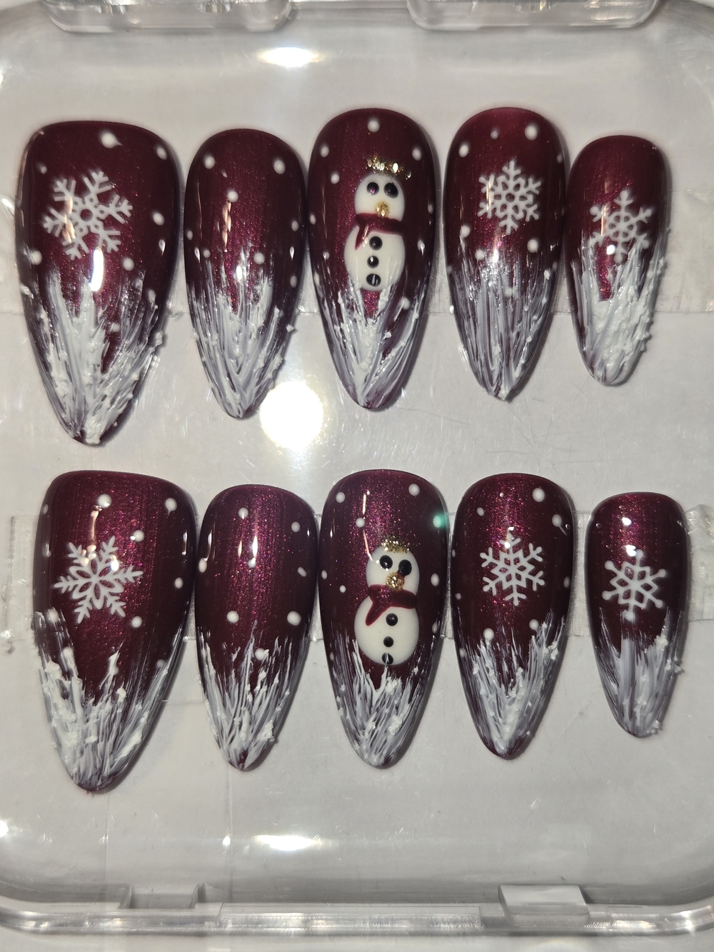 Hand Crafted Burgundy Snowman & Snowflake Press-On Nails